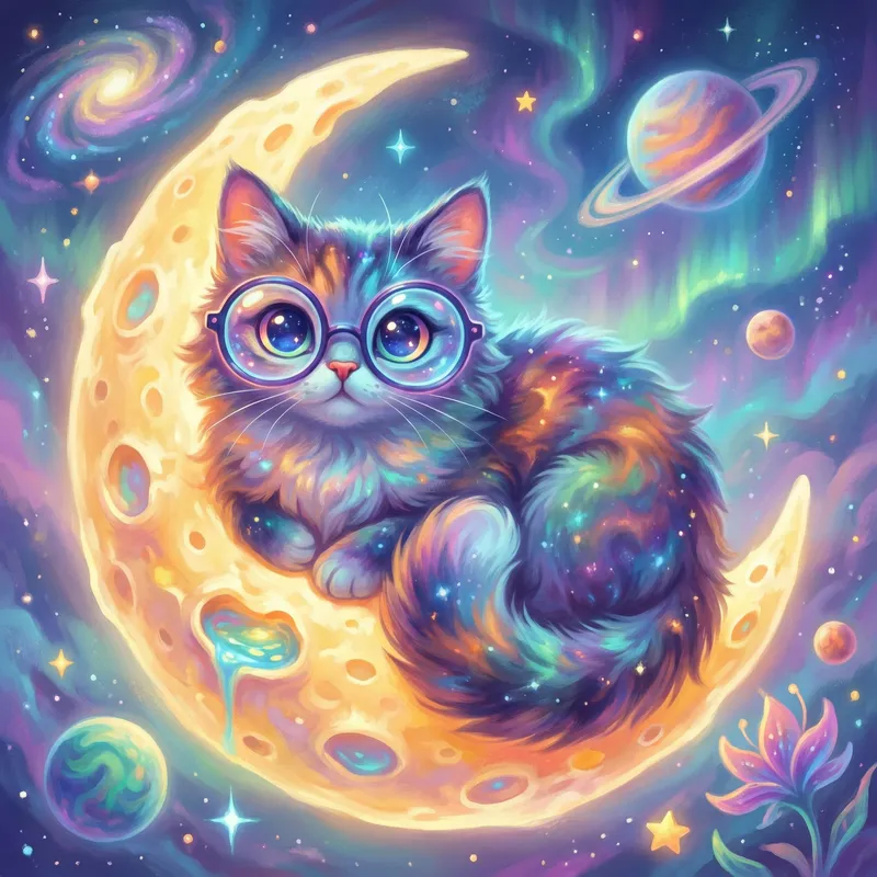 Whimsical Cat on the Moon - Dreamlike Digital Art