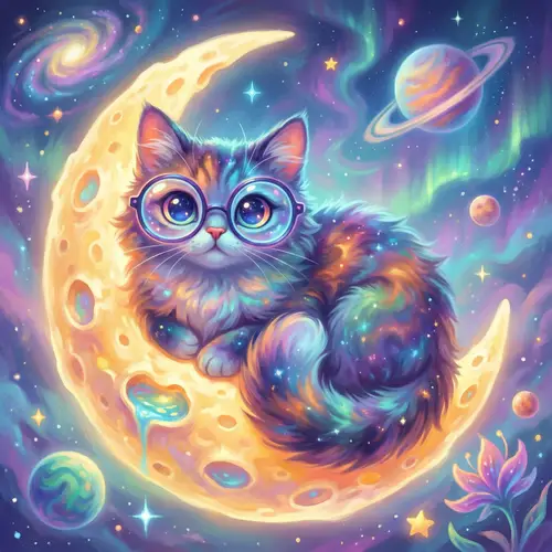 Whimsical Cat on the Moon - Dreamlike Digital Art