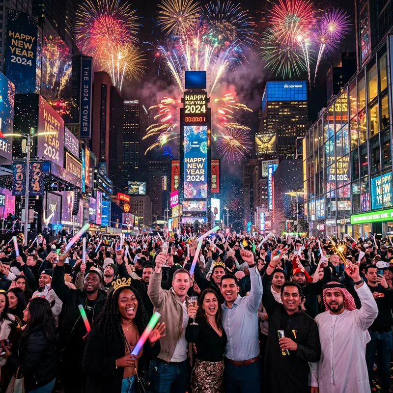 New Year 2024 Celebration with Diverse Crowd and Fireworks New Year 2024 Celebration with Diverse Crowd and Fireworks