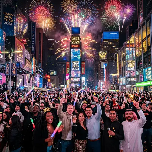 New Year's Eve 2024 Celebration with Diverse Crowd and Fireworks