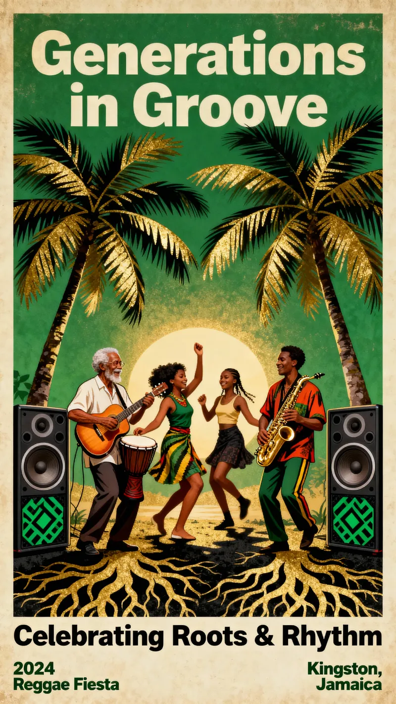 Vibrant Dance Art Poster: Elders & Youth in Reggae Vibe