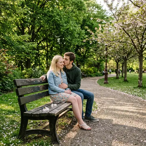 Romantic Park Bench Kiss - Greenery, Blossoms & Charm