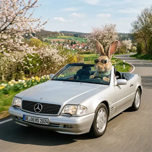 Realistic Easter Bunny Driving a Silver Mercedes-Benz