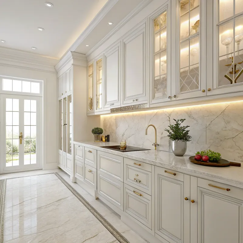 Bright White Kitchen with Marble Countertops