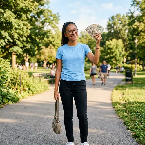 Hispanic Teenage Girl Celebrating with Dollar Bills | Park Scene