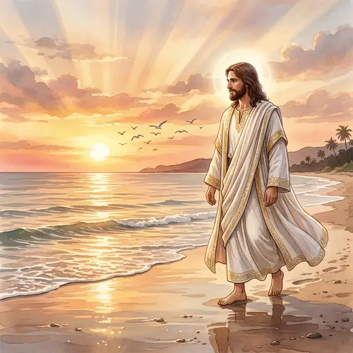 Jesus Christ Walking on a Peaceful Beach at Sunset