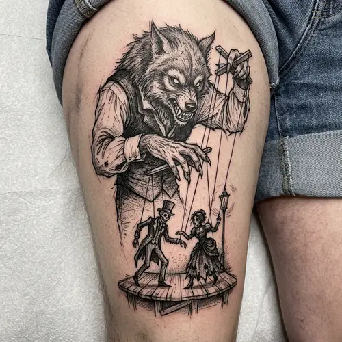 Werewolf Puppeteer Tattoo Design on Thigh - Detailed Sketch