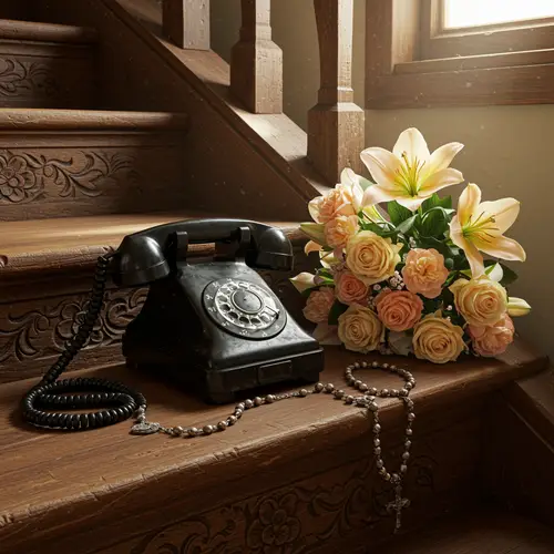 Vintage Telephone on Staircase with Flowers