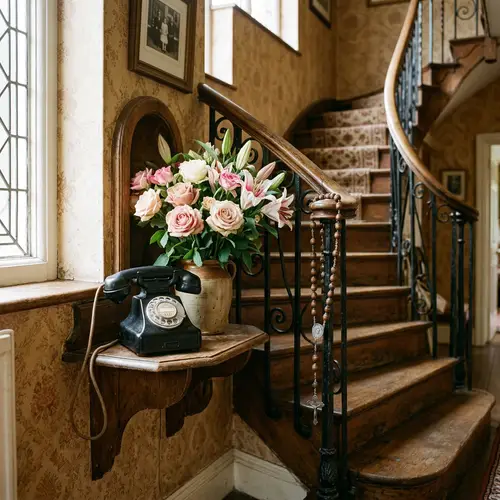 Vintage Telephone on Staircase with Flowers
