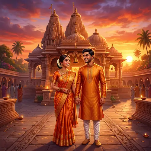 Indian Couple in Traditional Attire at Sunset | 3D Illustration