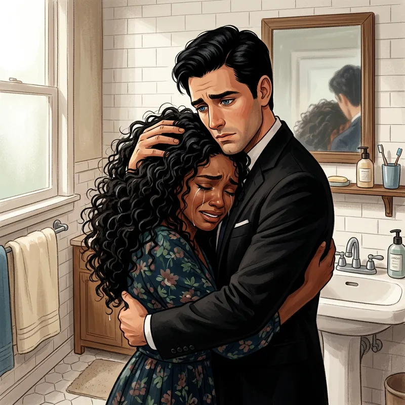 Intimate Scene: Woman Weeping in Bathroom Embraced by Italian Man Intimate Scene: Woman Weeping in Bathroom Embraced by Italian Man