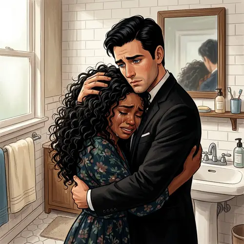 Woman Weeping in Bathroom Illustration