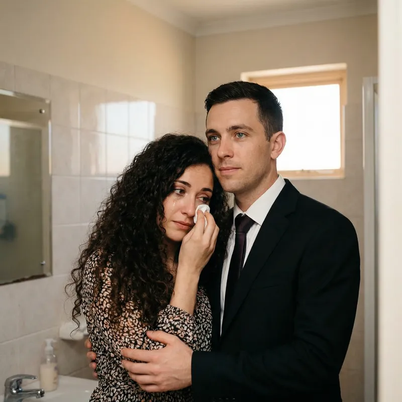 Hispanic Woman Shedding Tears in Bathroom Embraced by Italian Man