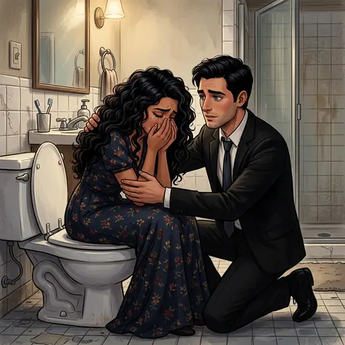 Distressed Woman Comforted by a Man in Bathroom