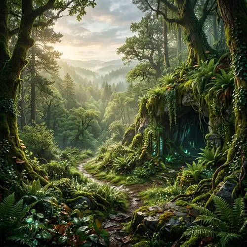 Mystical Forest Scene: Hidden Cave Entrance in Radiant Greens