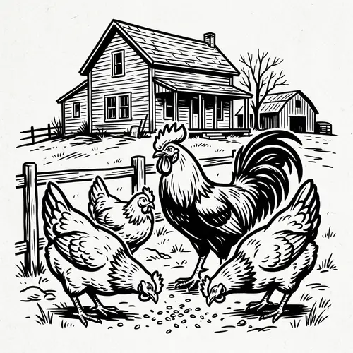 Rooster and Hens Near Farmhouse Illustration