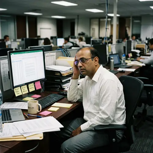 Modern Corporate Work-Life Challenges: Tired South Asian Male at Desk