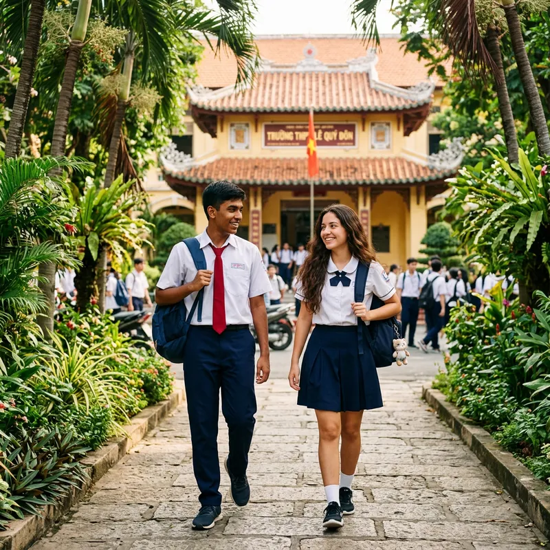 Vietnamese School Students in the Tropical Landscape