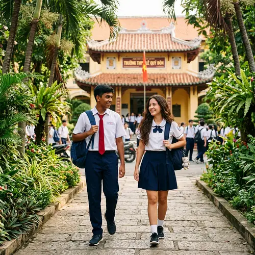 Vietnamese School Students Walking Among Tropical Trees