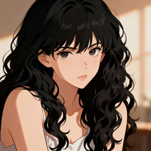 Anime Illustration: Girl with Long Curly Black Hair