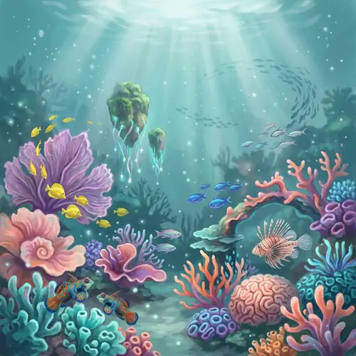 Surreal Underwater Scene with Vibrant Coral Reefs and Exotic Fish