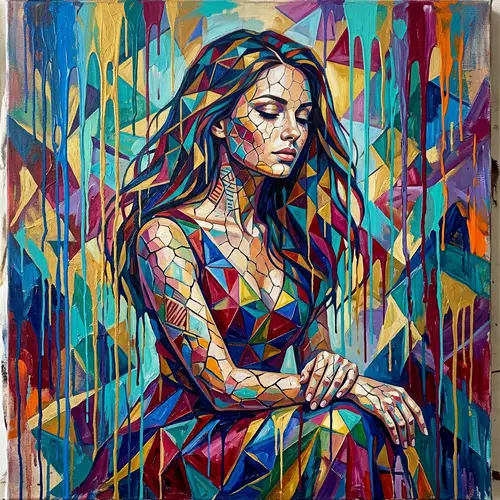 Serene Cracked Woman Painting by Dimitry Roulland in Colorful Tones