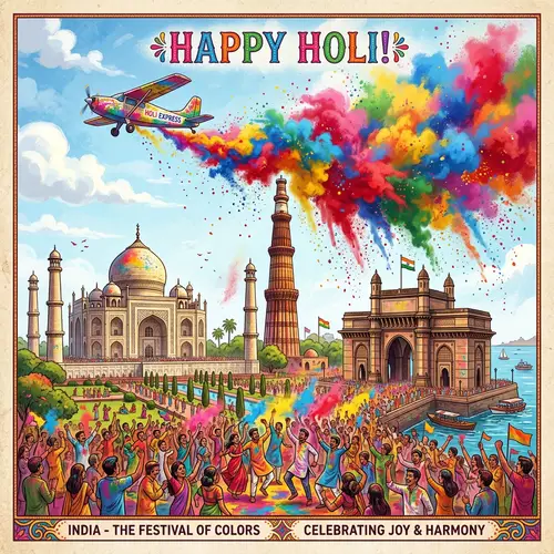 Celebrate Holi with Indian Monuments & Colorful Plane