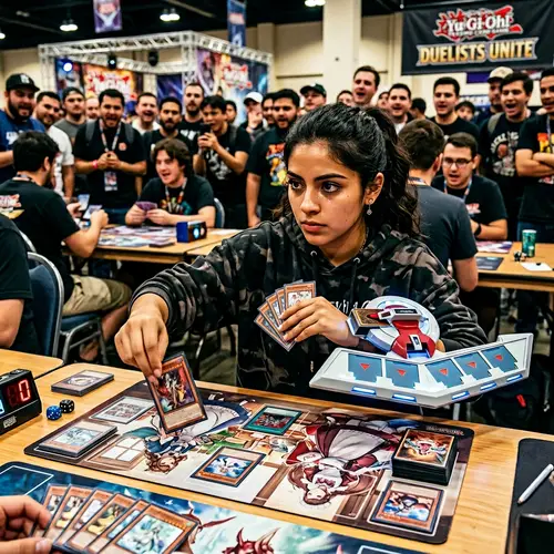 Hispanic Girl Dueling with Dragonmaid Cards - Intense Gaming Scene