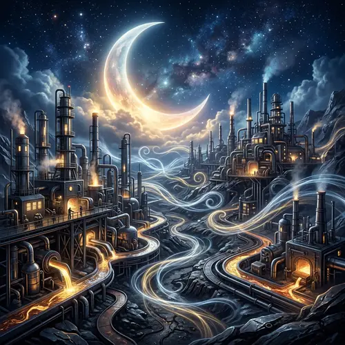 Ethereal Moonlight Over a Metal Refinery Landscape