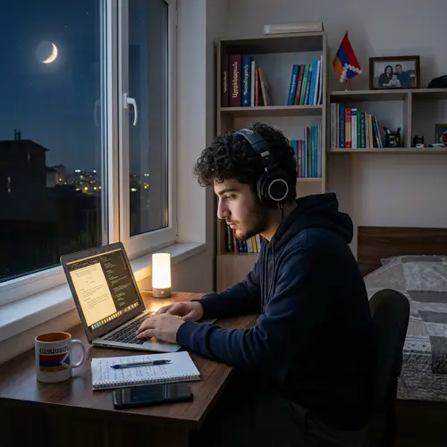 Teenage Armenian Boy Studying Under Moonlight | Tidy Room Ambiance