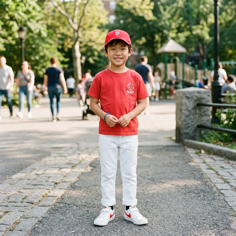 Smiling Asian Boy in Red Hat and Tee with White Jeans