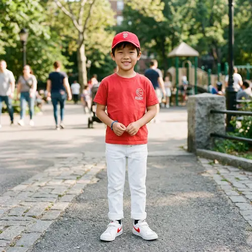 Asian Boy in Red Baseball Cap and Tee | Trendy White Jeans