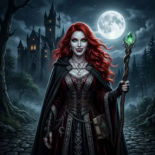 Dark Fantasy Sorceress with Red Hair | Enchanting Vampire Character