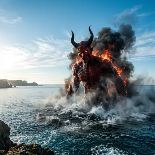 Demonic Entity Emerging from Mist Over Azure Sea