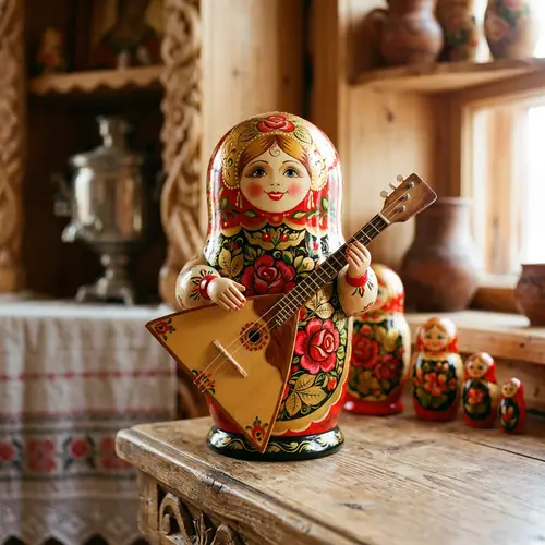 Russian Matryoshka Doll Holding Balalaika - Unique Souvenir