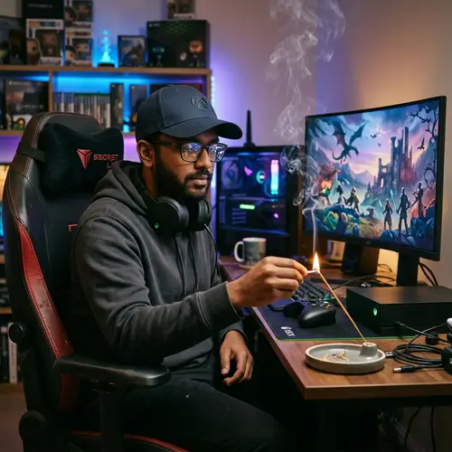 South Asian Male Gamer Lighting Incense | Gaming Fantasy Scene