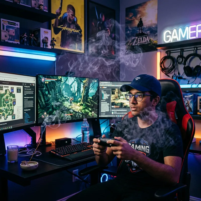 Stylish Gaming Enthusiast with Cap | Neon Lit Setting