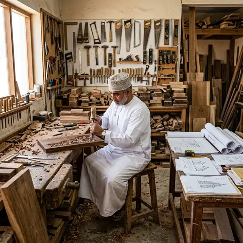 Skilled Omani Craftsman in Traditional Dress | Woodworking Scene