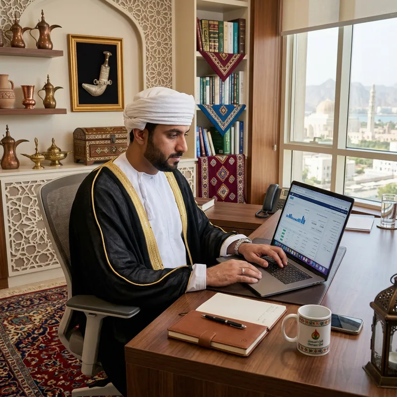 Omani Man Working in Office with Laptop | Cultural Workspace