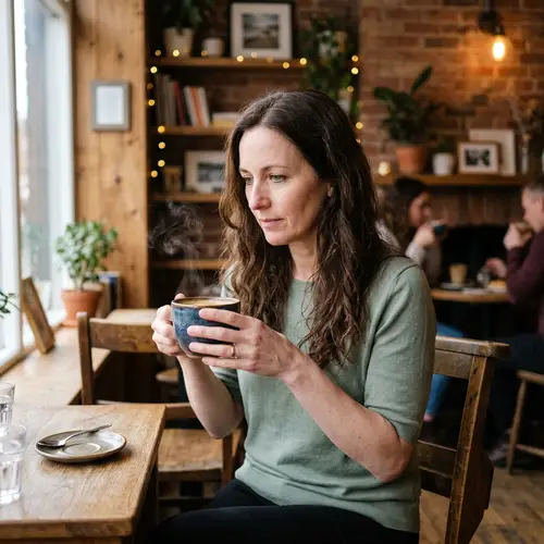 Calm Cafe Scene: Elegant Woman Enjoying Fresh Coffee
