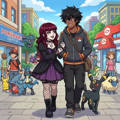 Gothic Pokémon Couple Art: Red-Haired Girl & Hoodie Boy