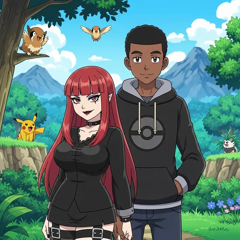 Gothic Pokémon Couple Art: Red-Haired Girl & Hoodie Boy