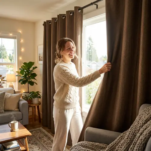Inviting Coffee-Colored Curtains: Cozy Room Scene