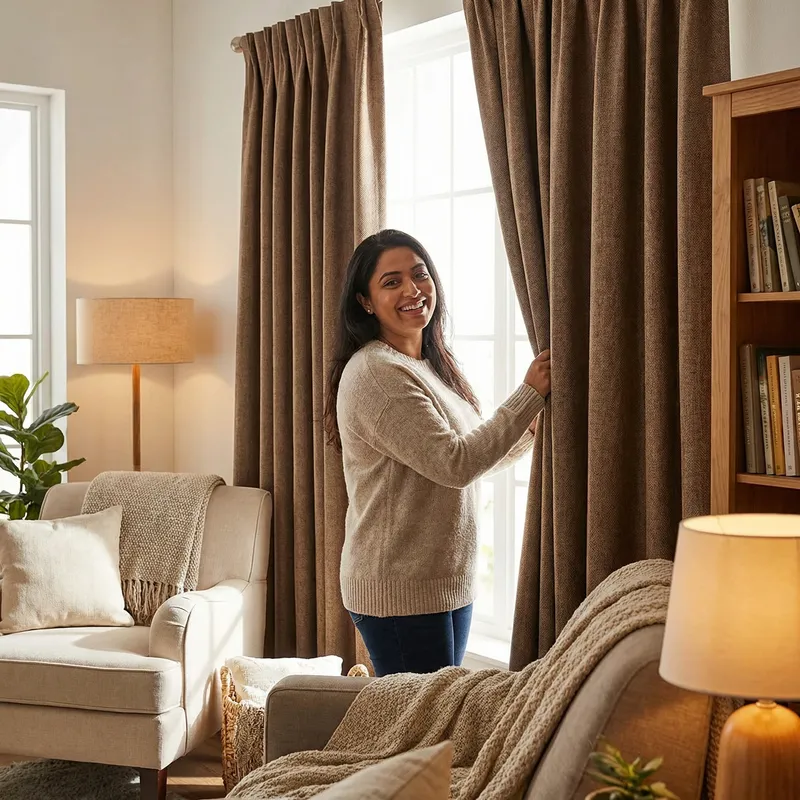 Captivating Scene of Joyful Woman Unveiling Coffee-Colored Blackout Curtains
