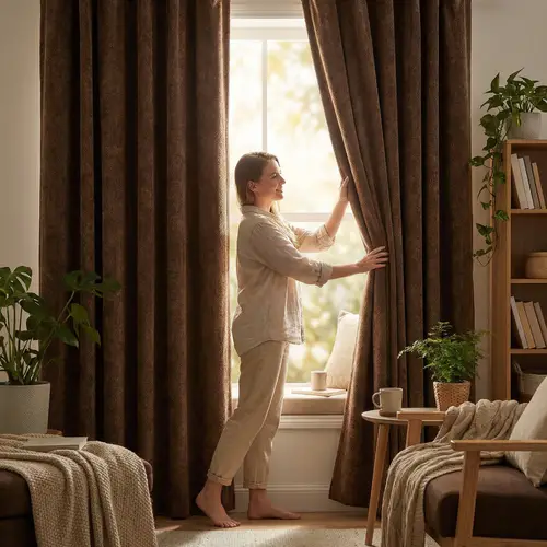 Cheerful Woman Opening Coffee-Colored Blackout Curtains in Cozy Room