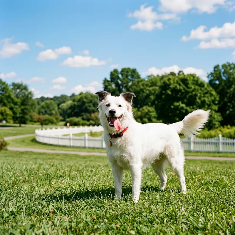 Friendly White Dog in Grassy Field | Bright Sunny Day Playfulness