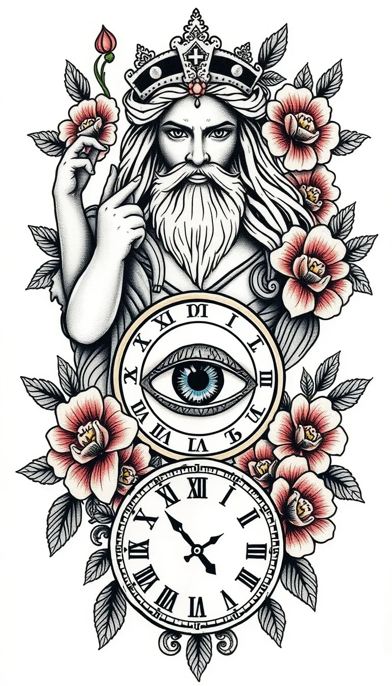 Unique Greek God Tattoo Design with Floral Elements Unique Greek God Tattoo Design with Floral Elements
