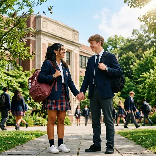 High School Students Holding Hands and Smiling | School Uniforms