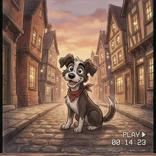 Charming Dog in Don Bluth-Style Animation on City Street