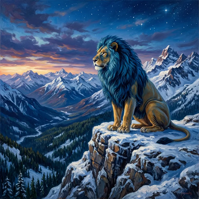 Blue Lion in Majestic Mountain Landscape